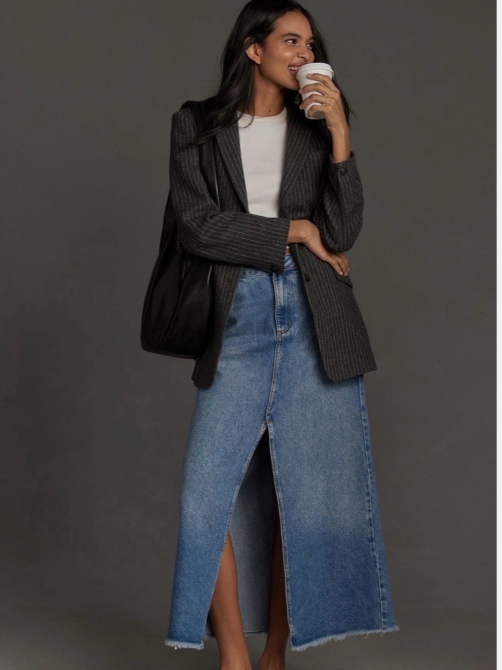 Pilcro Anthropologie Denim Maxi Skirt High Rise Front Slit Chic Blue Size